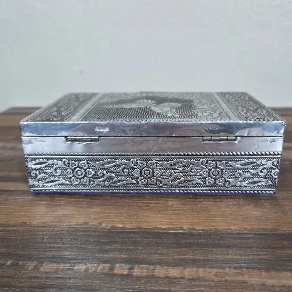 Silver Plated Butterfly Floral Design Jewelry Box with Purple Velvet Lining